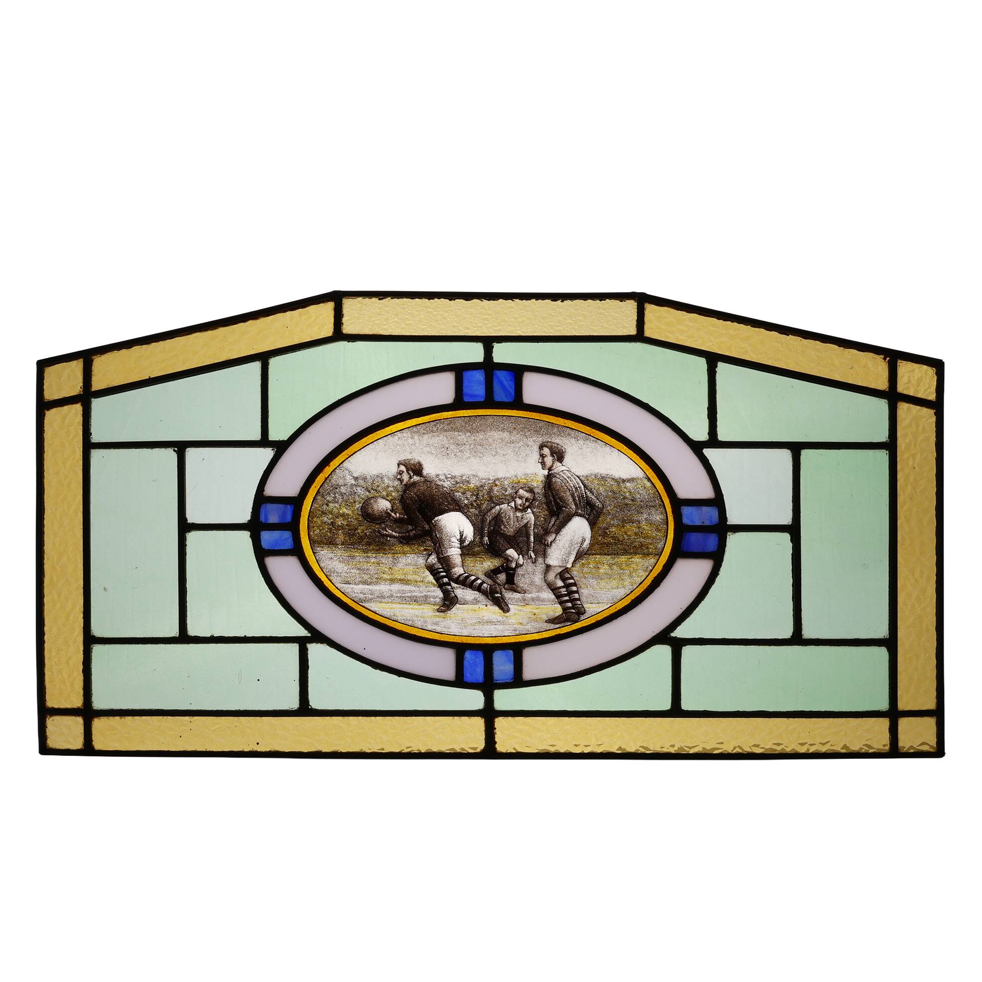 Art Deco Stained Glass Panel Depicting Early Football Scene, Belgium ca. 19