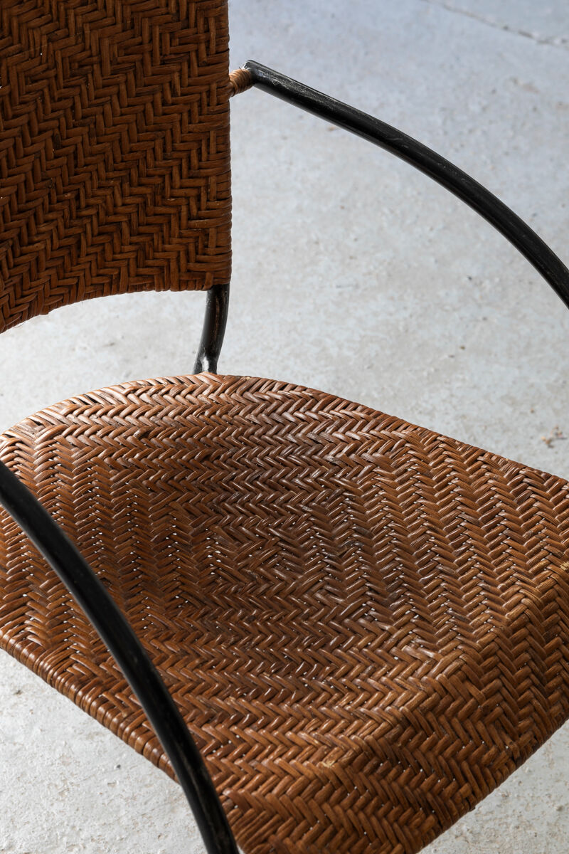 Set of 4 stackable dining chairs in steel and rattan, 1970s