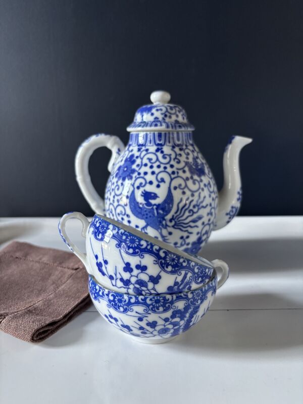 Service à thé japonais vintage porcelaine bleu & blanc 28 pièces — Nihon