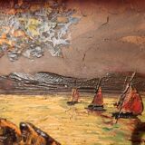 Mediterranean landscape painting by the sea and boats, framed, signed