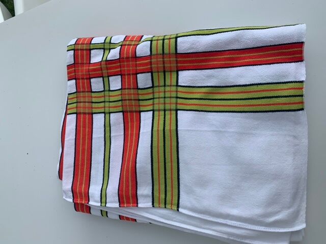 Large rectangular tablecloth with stripes on a vintage white background