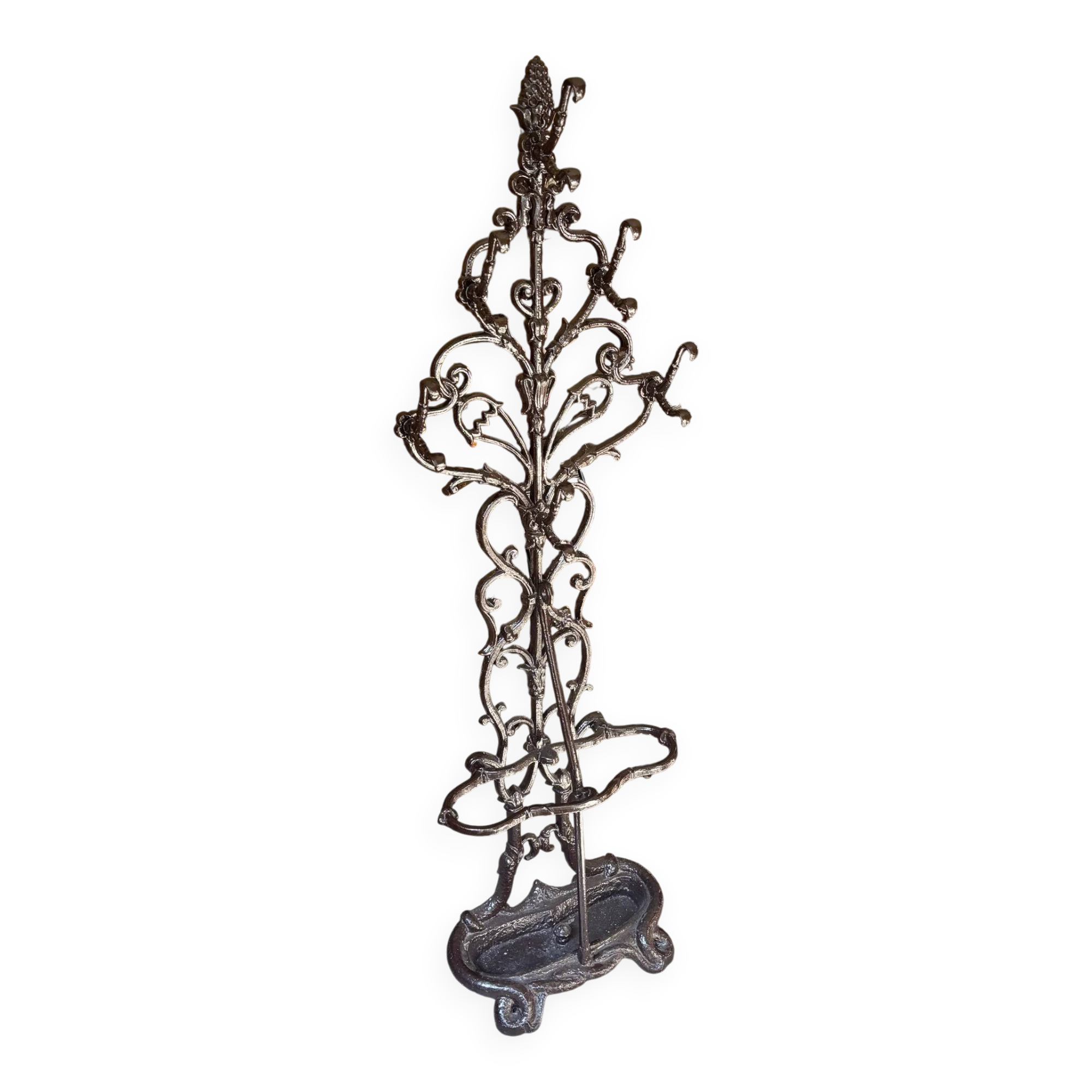 Coat rack with 6 hooks and cast iron brown umbrella stand.