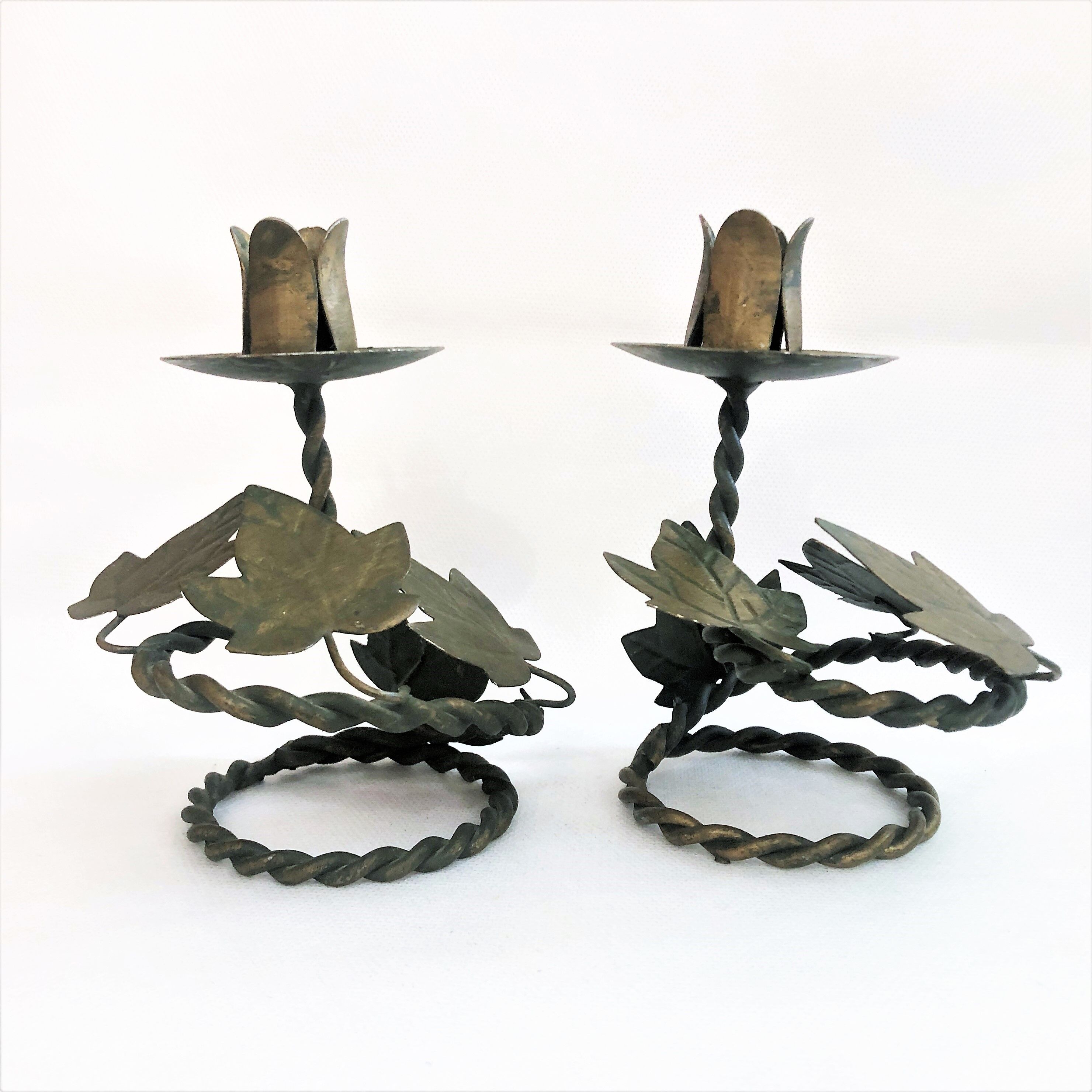 Pair of handcrafted wrought iron candlesticks vintage foliage