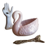 Cache pot en forme de cygne nacré rose sia vintage