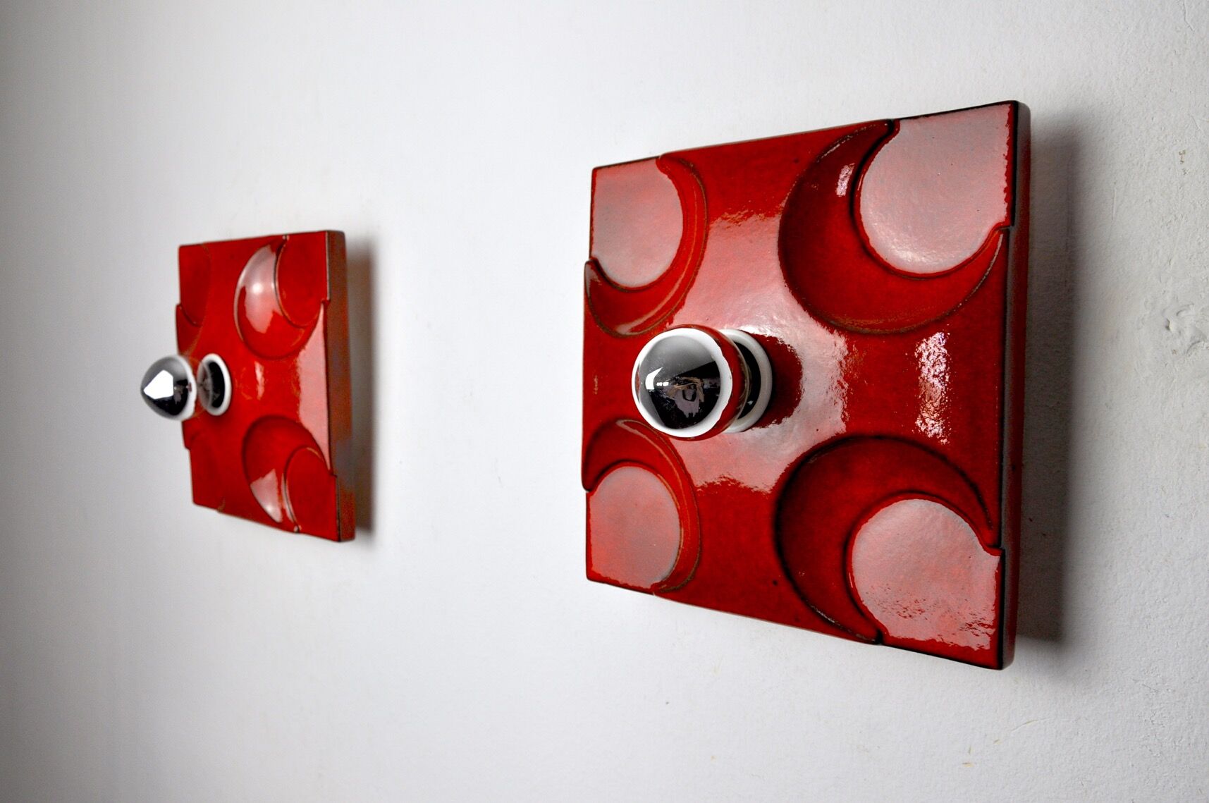 Pair of Fat Lava wall lamps by Hustadt Leuchten, Orange ceramic, Germany, 1960