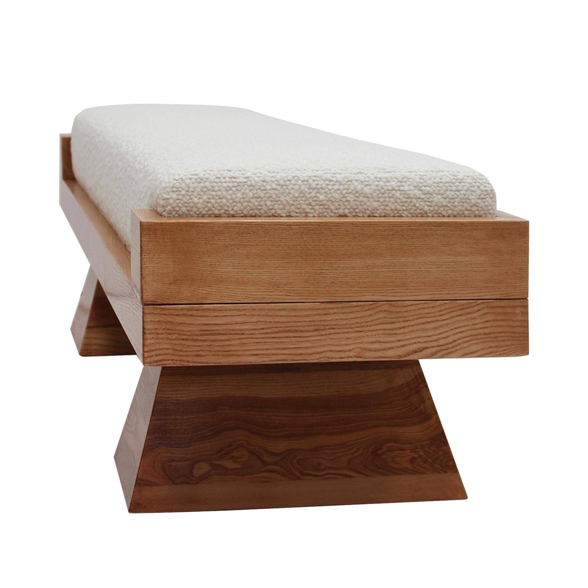 Brutalist Style Bench with Solid Oak Pyramid Bases and Ivory Bouclé Upholstery