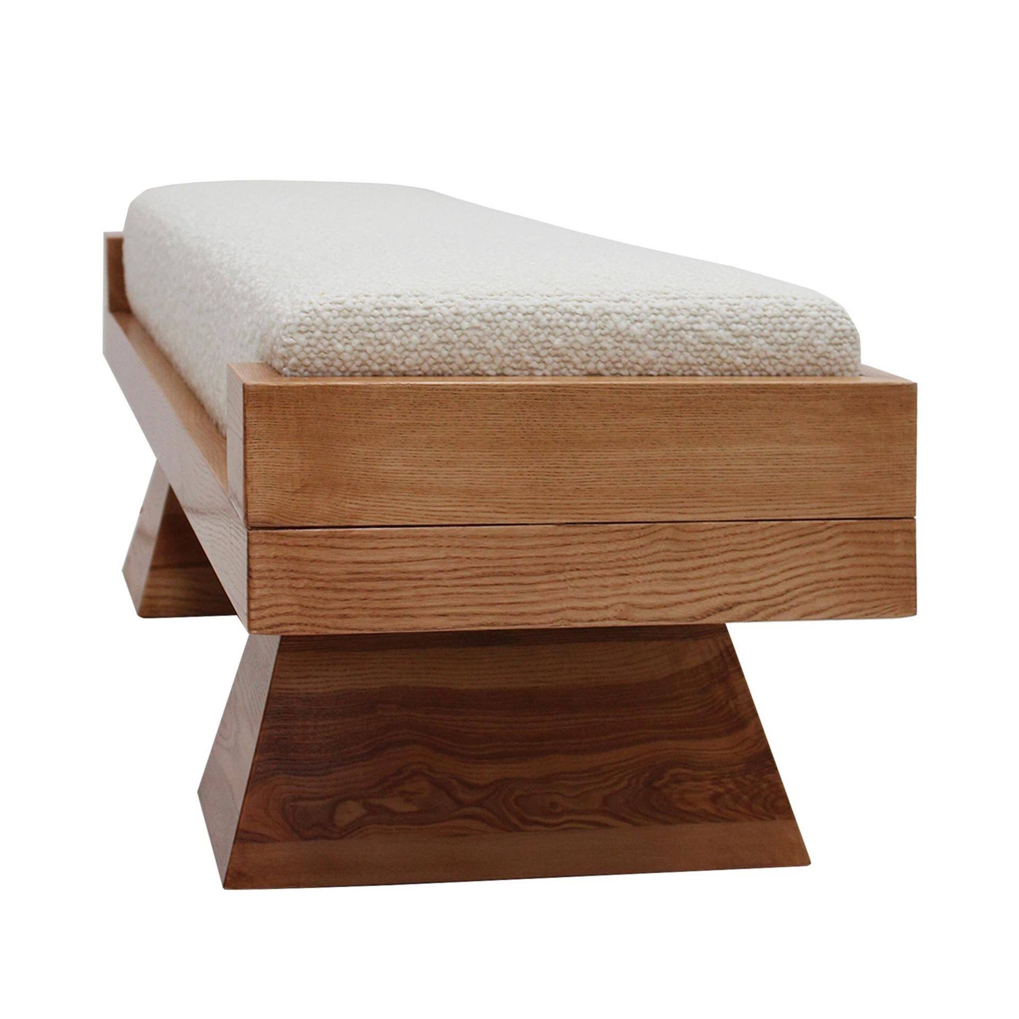Brutalist Style Bench with Solid Oak Pyramid Bases and Ivory Bouclé Upholstery