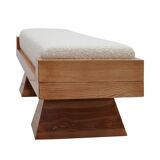 Brutalist Style Bench with Solid Oak Pyramid Bases and Ivory Bouclé Upholstery