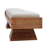 Brutalist Style Bench with Solid Oak Pyramid Bases and Ivory Bouclé Upholstery