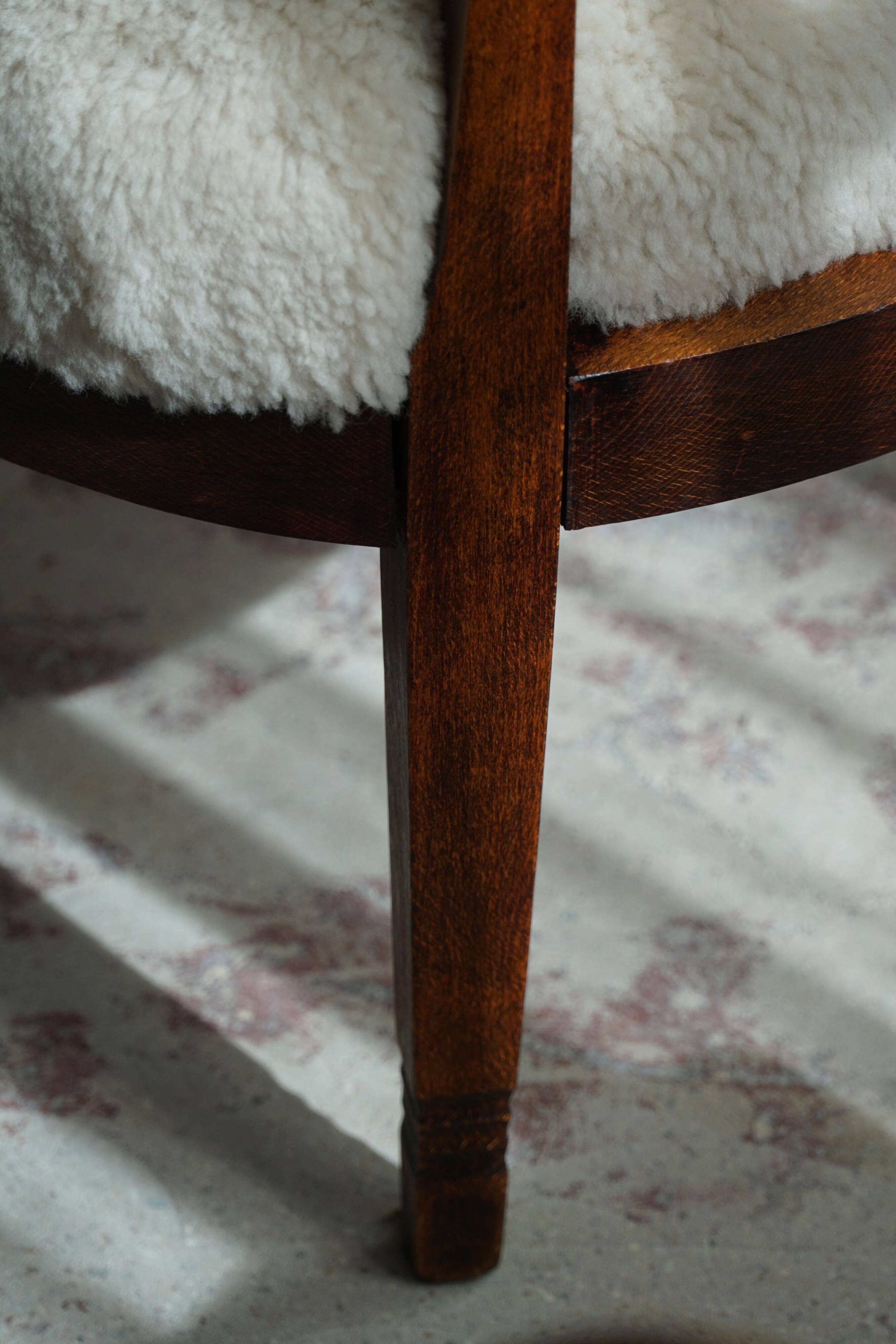 Pair of Danish armchairs in beech, reupholstered in lambswool, Art Nouveau, 1900s.