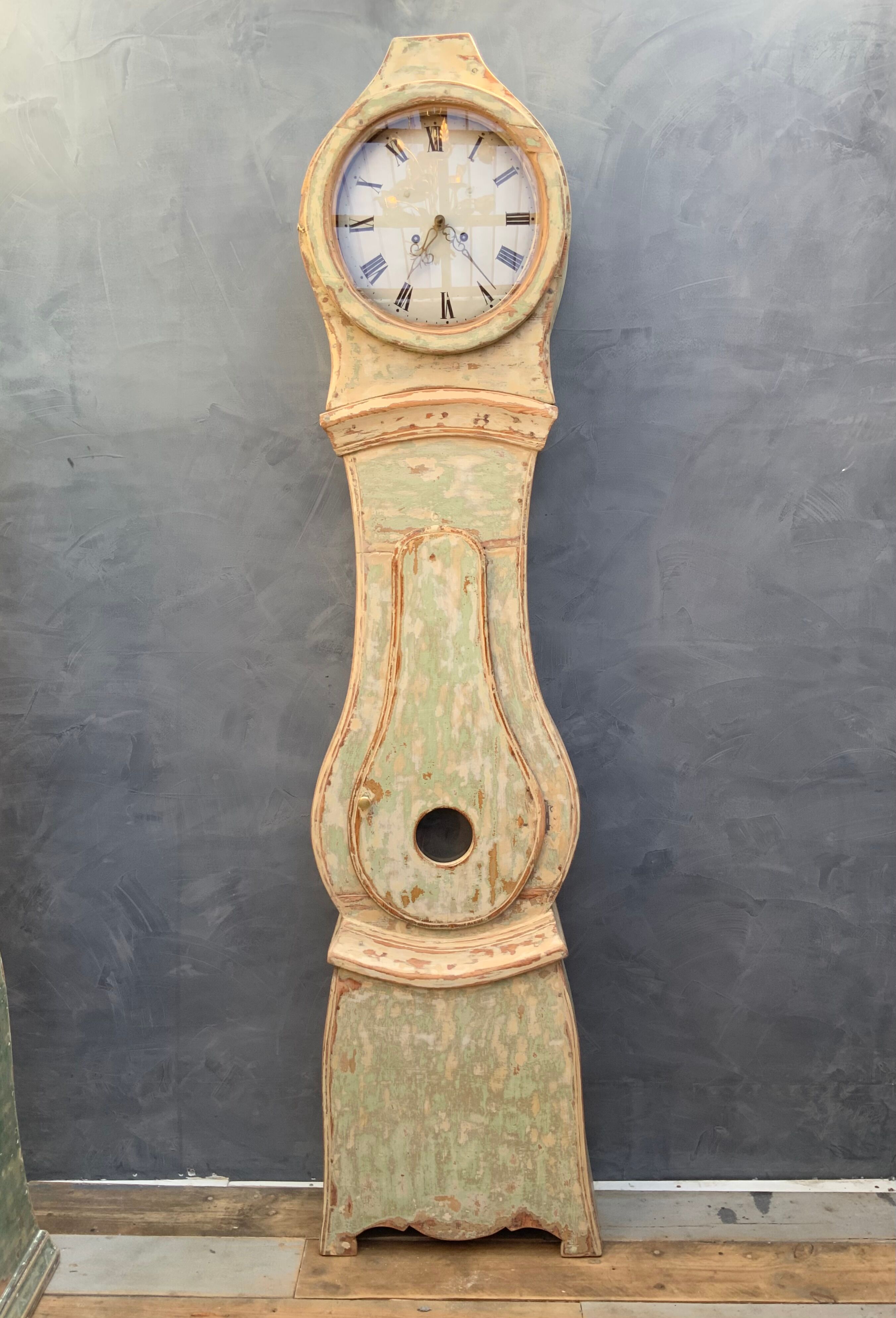 Antique mora clock long case, mint colour wood case 1800s