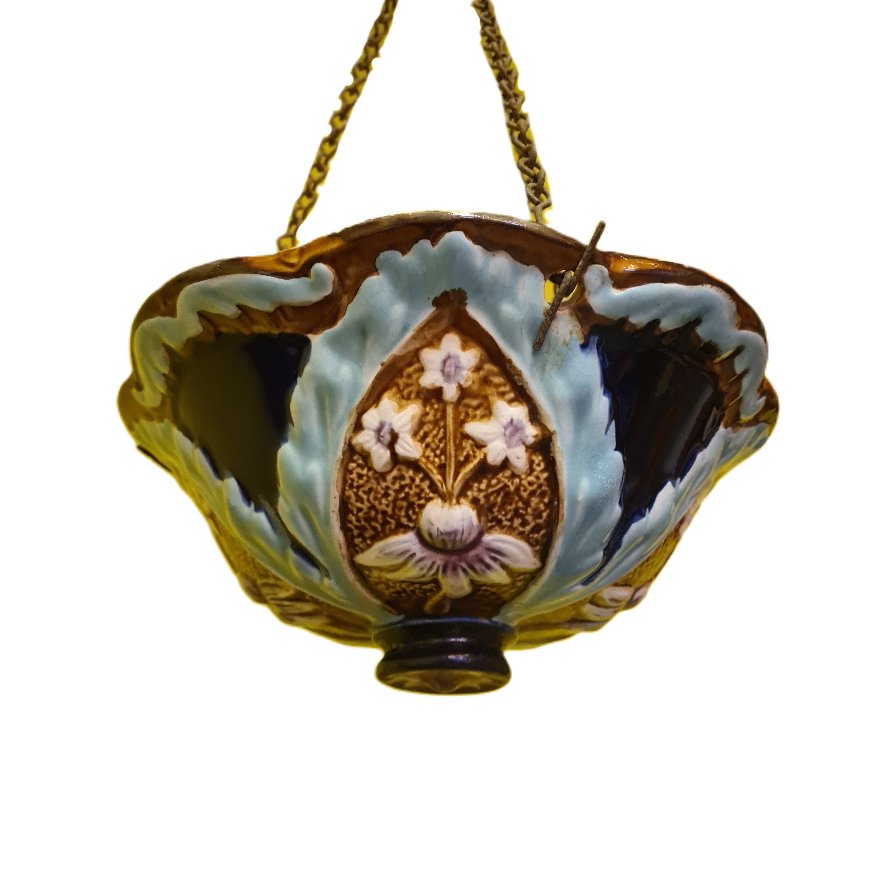 French art nouveau majolica hanging flower pot, early 20th century