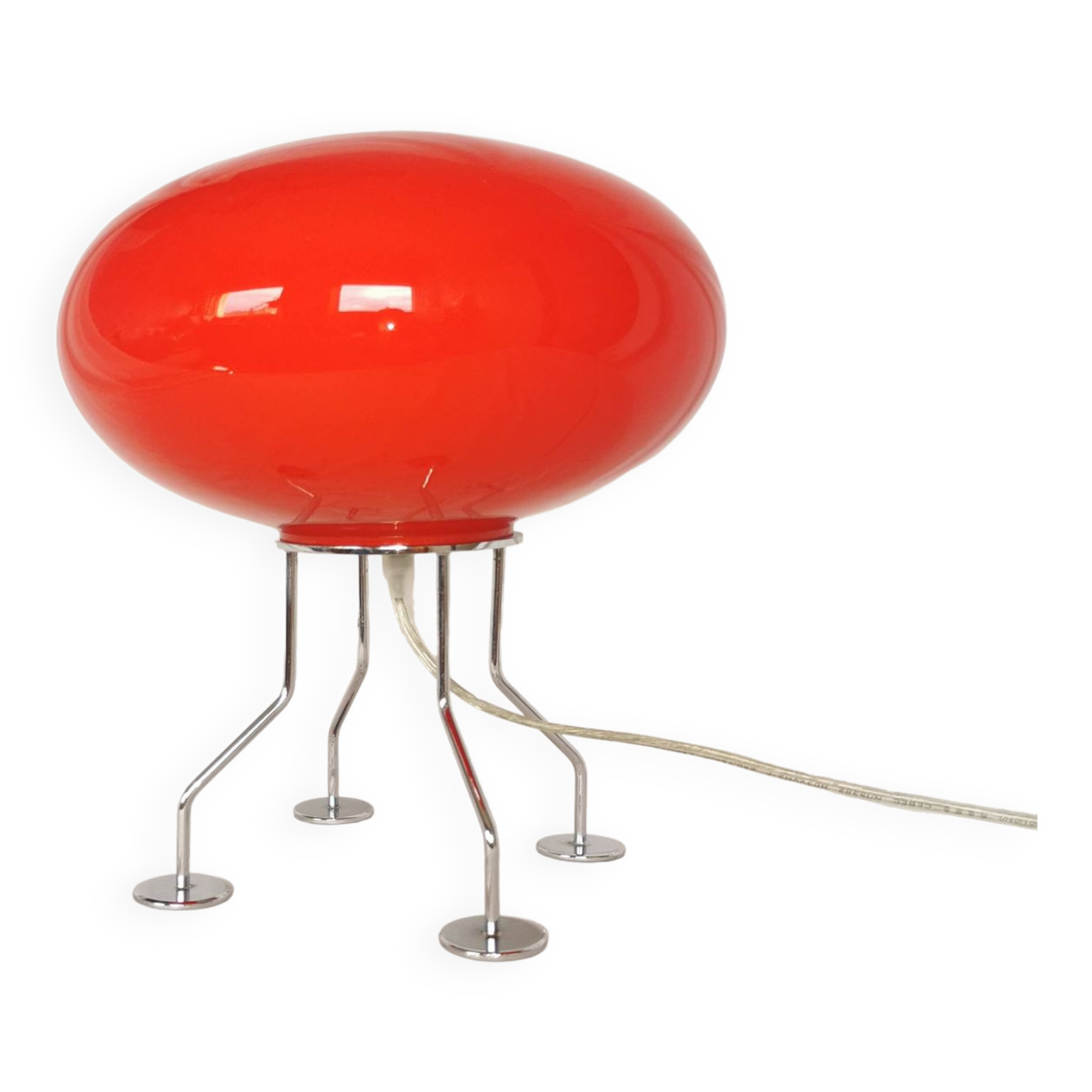 Red ufo mushroom lamp, space age, opaline and chrome steel.