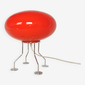 Red ufo mushroom lamp, space age, opaline and chrome steel.