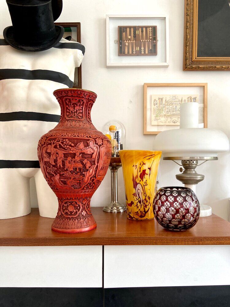 Asian metal vase and red resin