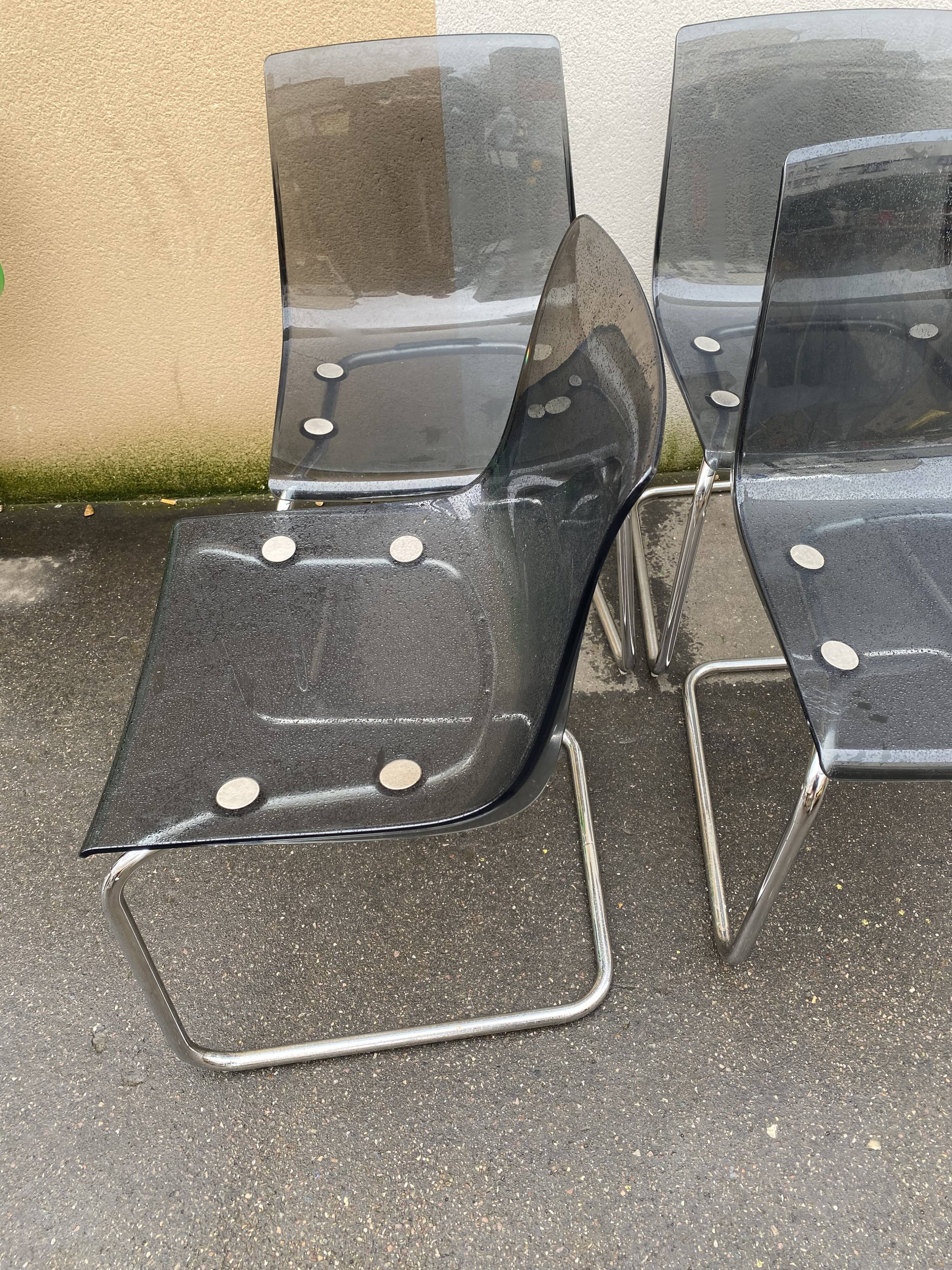 Set of 4 vintage chrome metal and plexiglass chairs