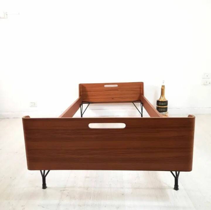Bed manufacturer Rima, curved teak and painted iron feet, 70s
