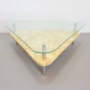 Brutalist Triangle Coffee Table in Marble and Stainless Steel, 1970s