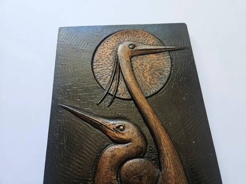 Rare Wall Wood Relief Sculpture of Herons, 1960s