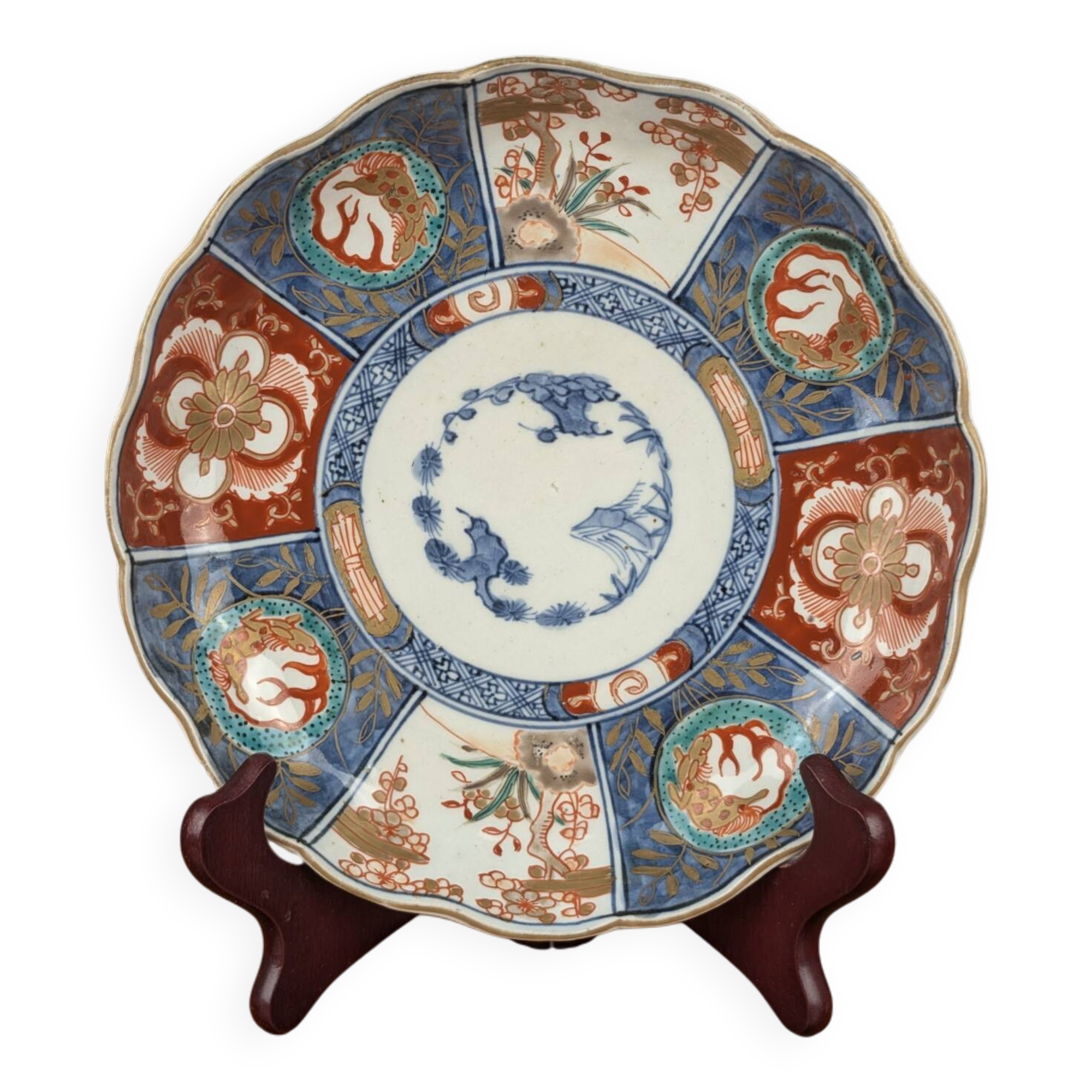 Signed Imari porcelain plate with Japanese lake and deer decoration, 19th century