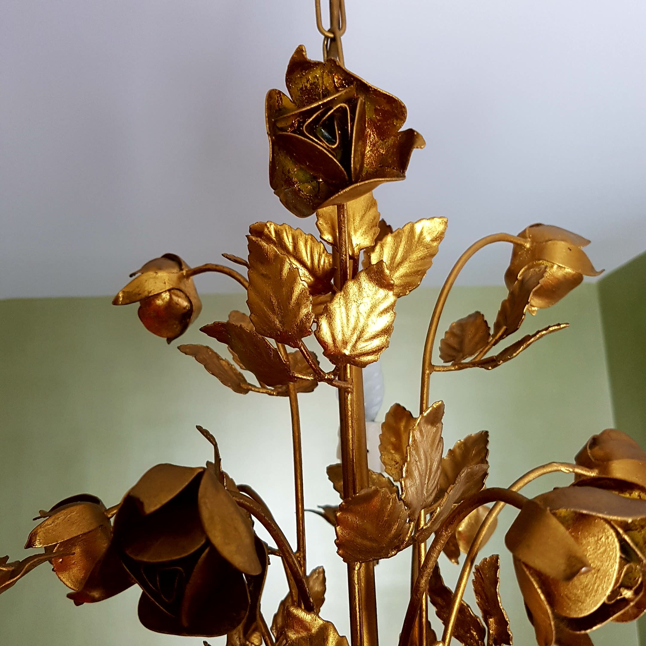 Lustre 3 feux doré décor de roses