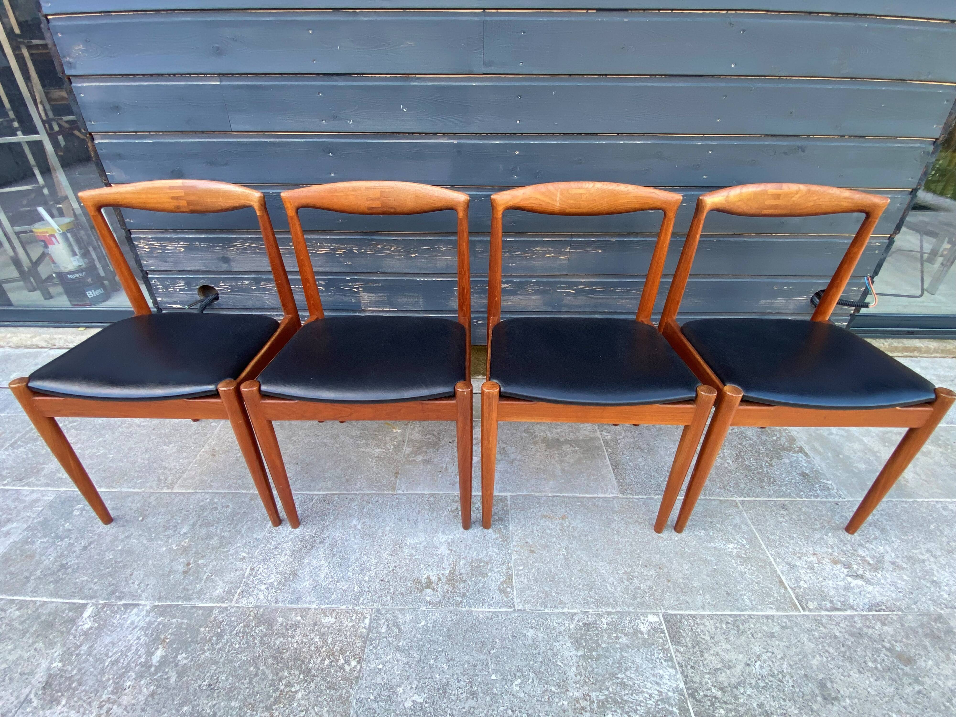 Set of 4 Scandinavian chairs by Johannes Andersen, Vamo Sonderborg, teak and imitation leather, 1960