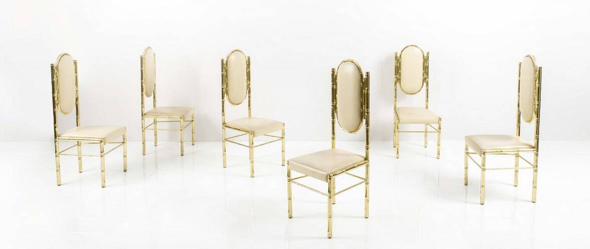 Set of 6 Bamboo chairs in brass 1980