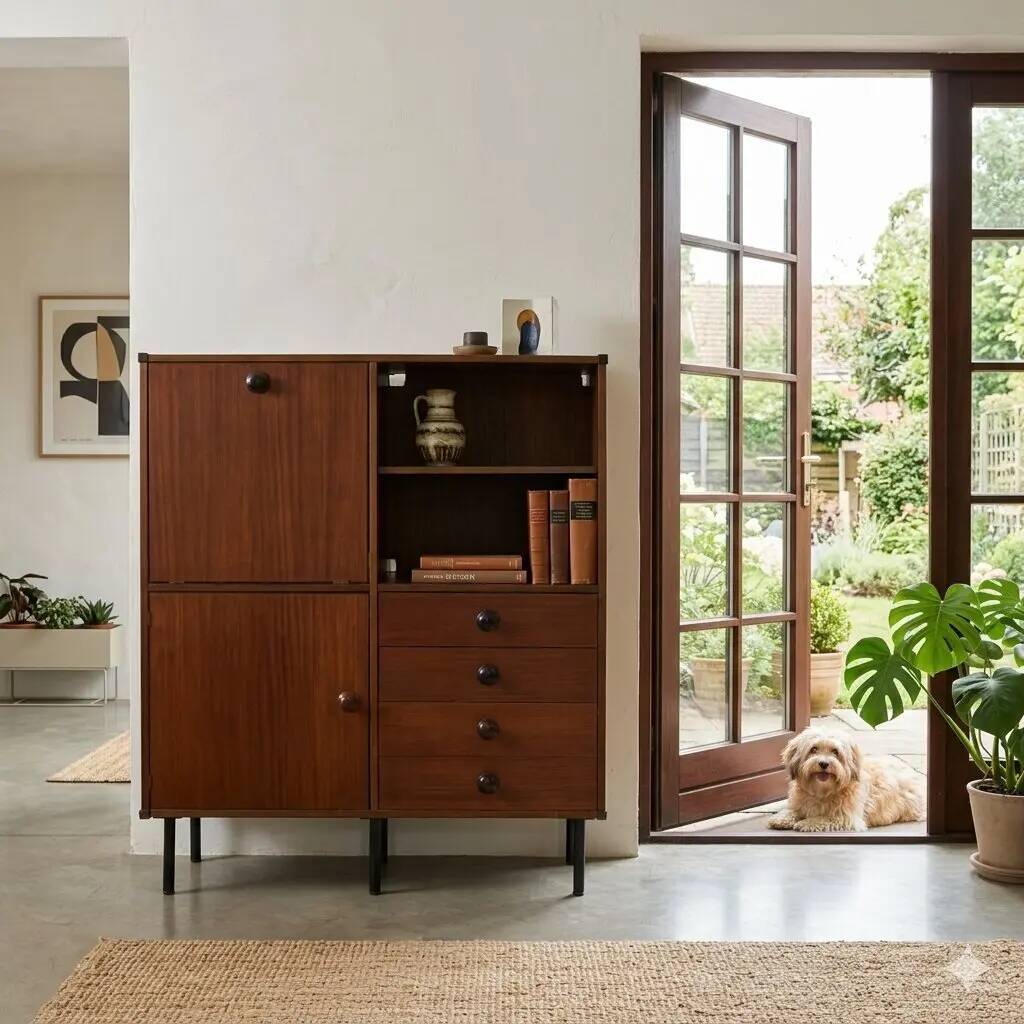 High metal cabinet with mahogany veneer, Italy 1960s