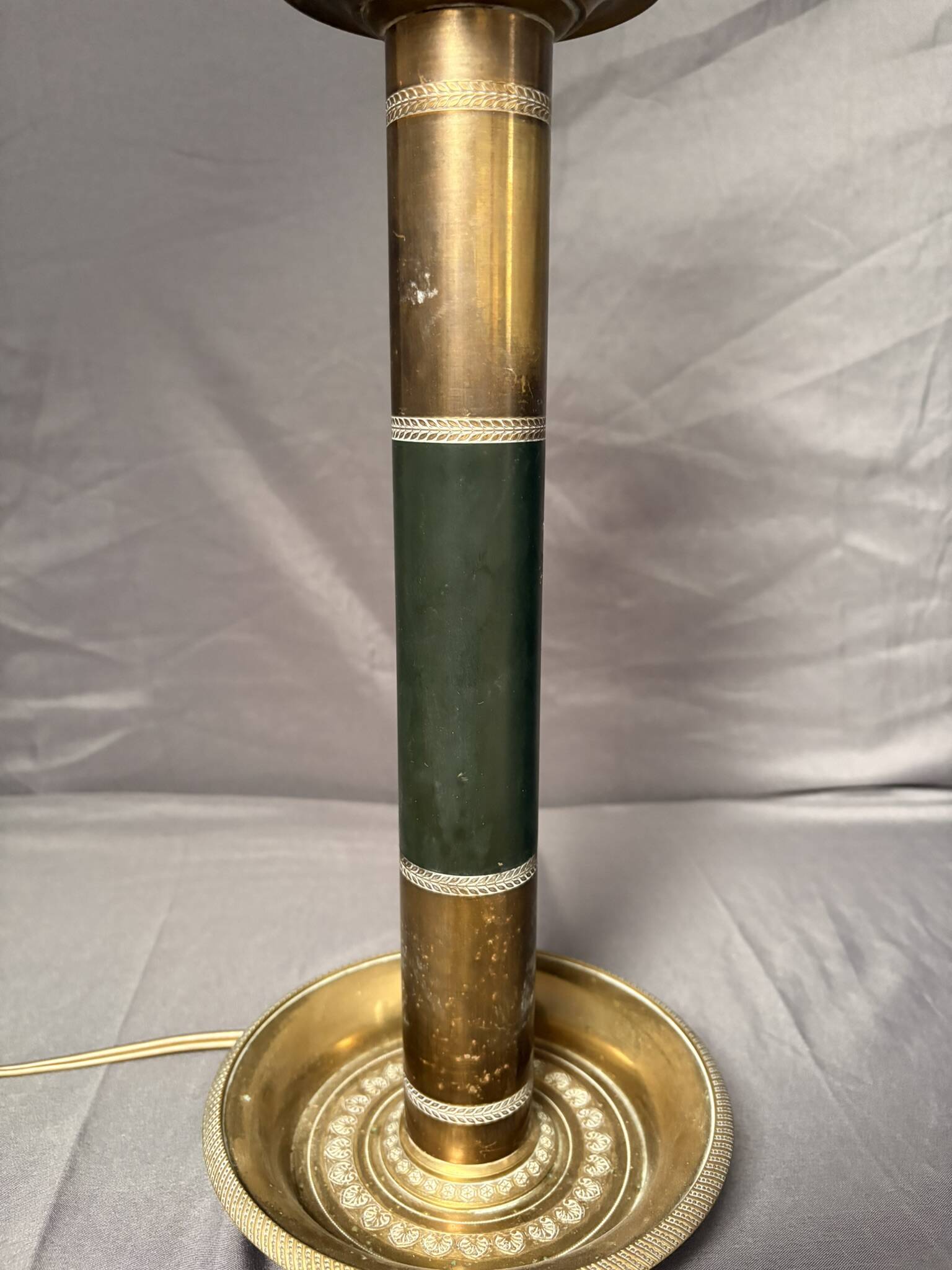 Antique Empire Column Lamp Base, Gilded Brass, Green Candle Holder Chandelier