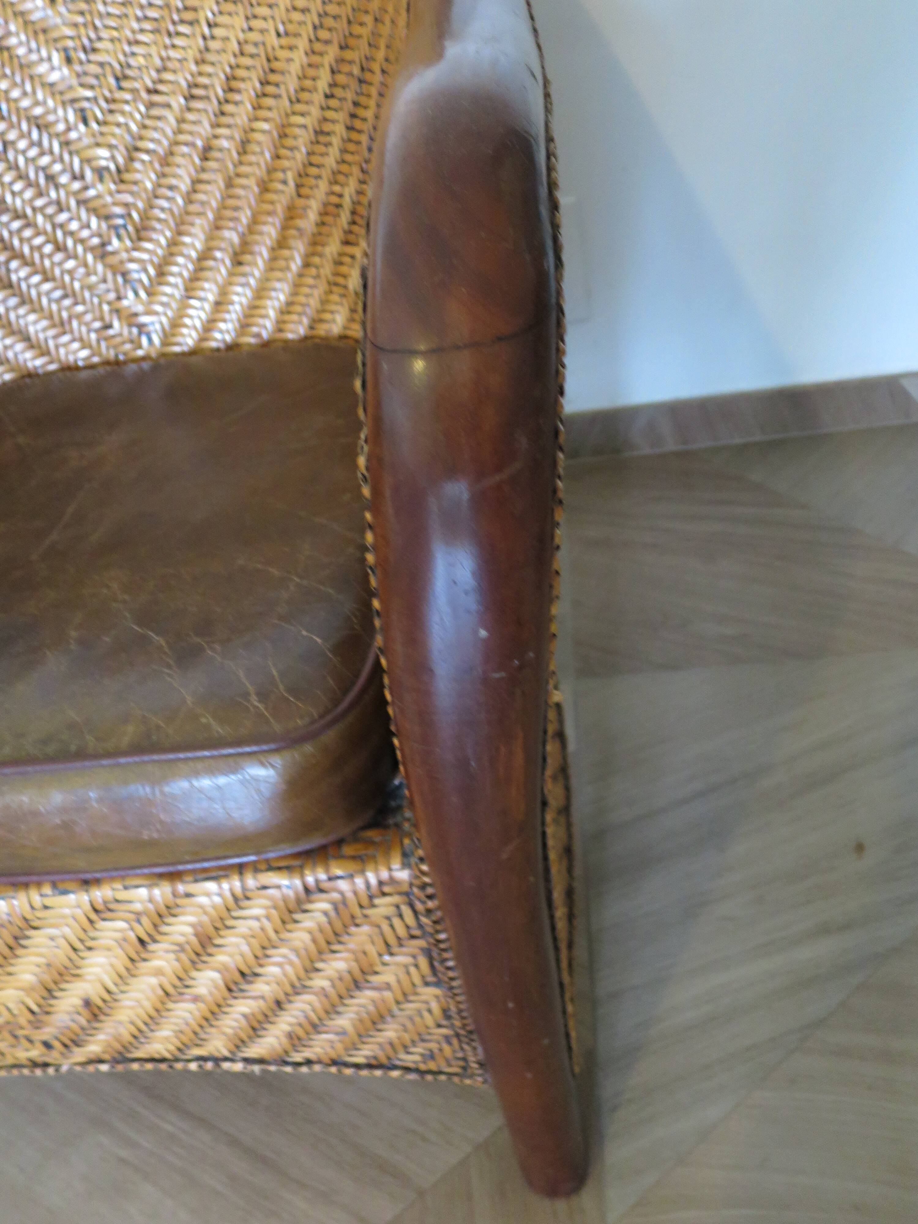 Fauteuil Style Colonial-Rotin tressé-Vintage-coussin simili cuir