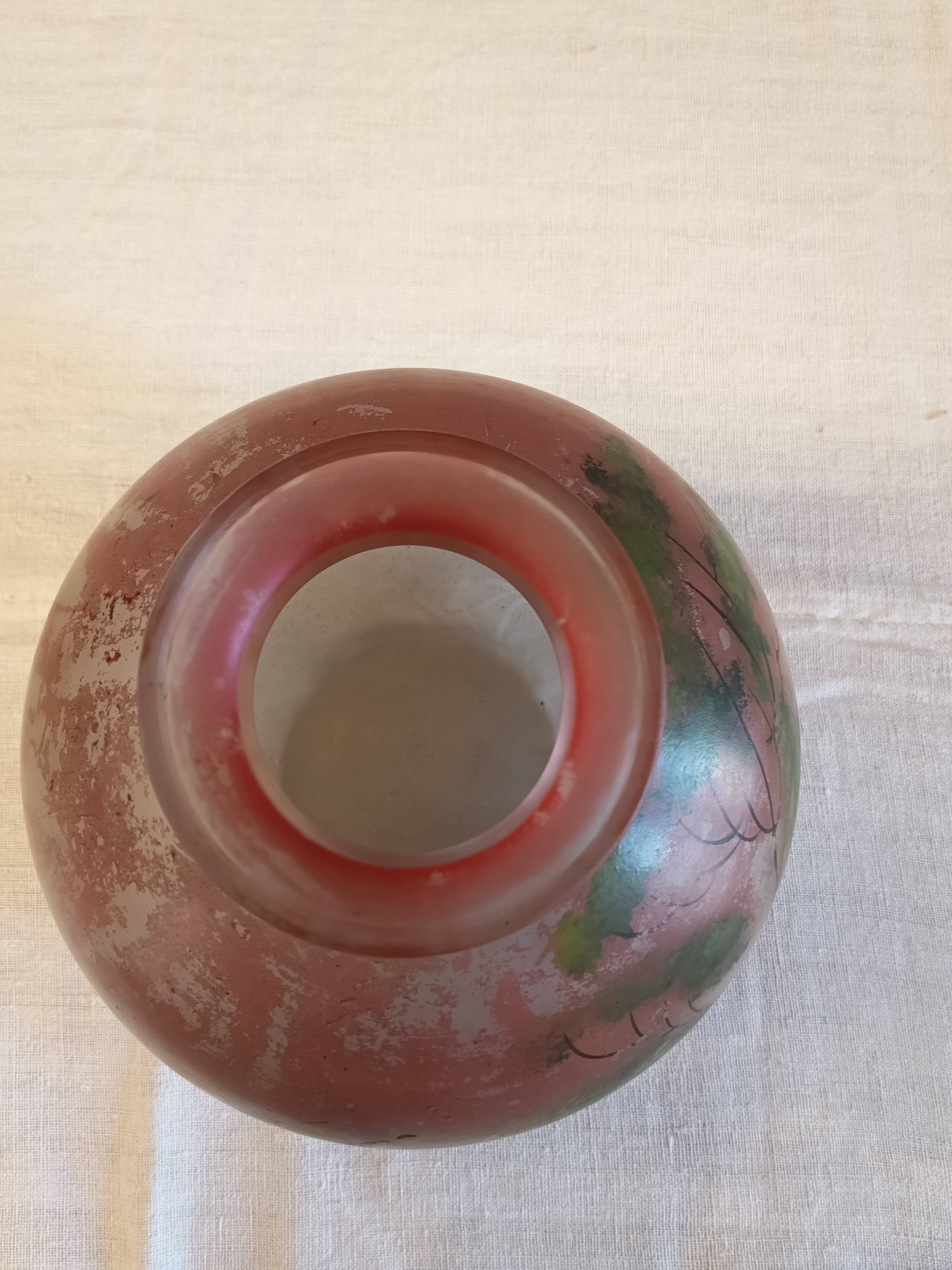 Round glass vase decorated with a landscape according to JS Peynaud.