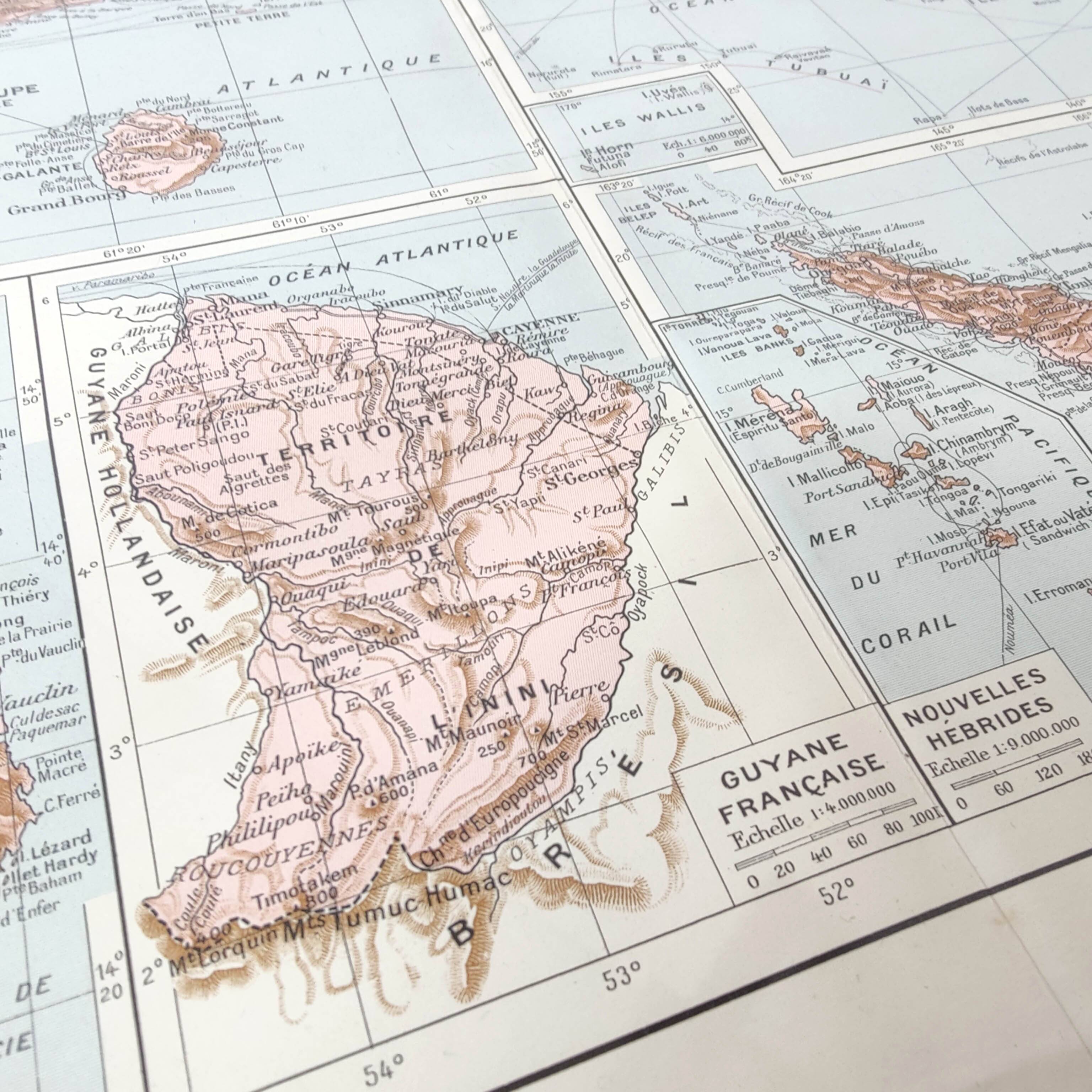 Old map of French overseas departments in 1950 43x43cm