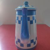 White enamelled sheet metal coffee maker with blue checkered Lustucru style stamped Duco