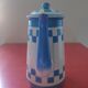 White enamelled sheet metal coffee maker with blue checkered Lustucru style stamped Duco