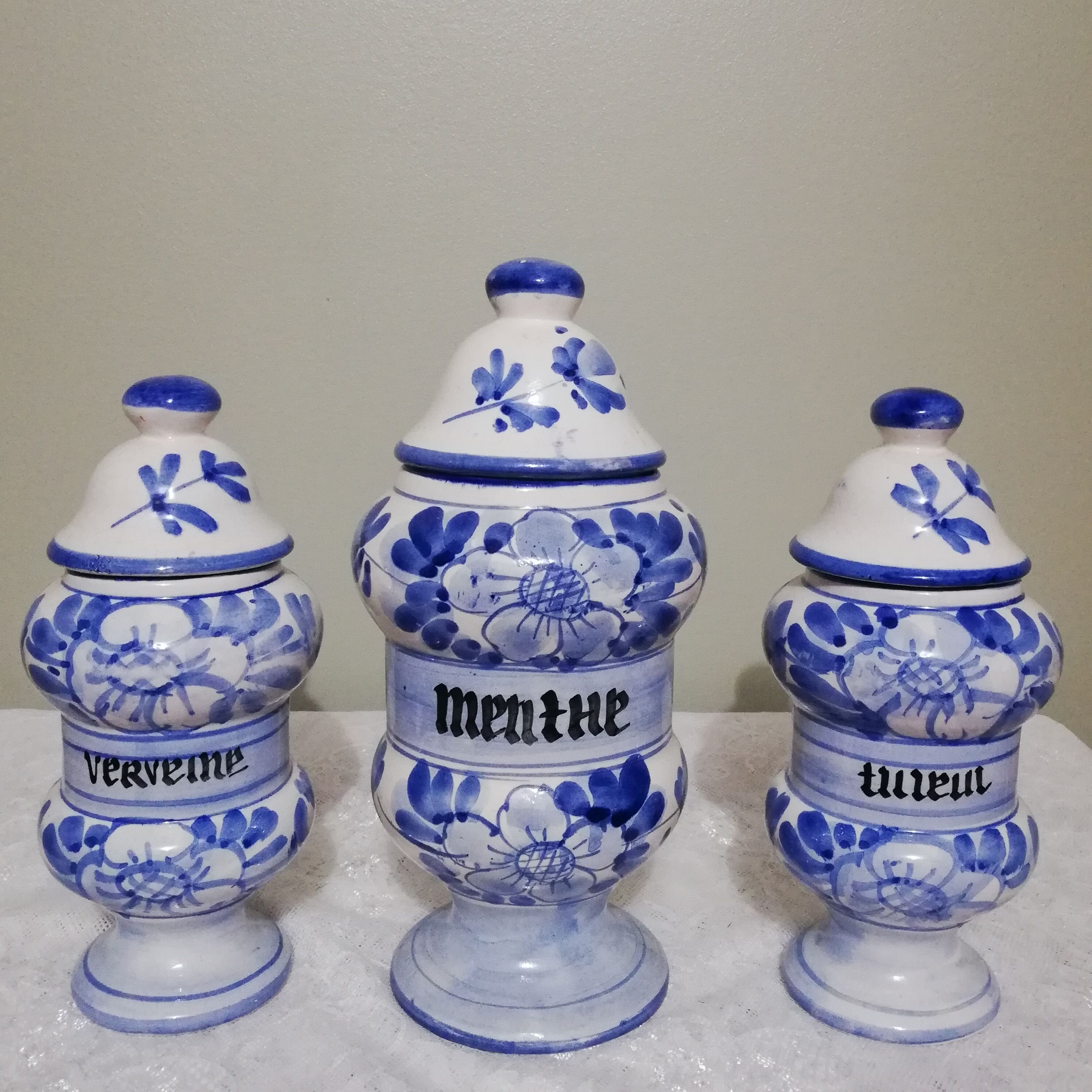 3 Delft style earthenware spice jars or apothecary pots