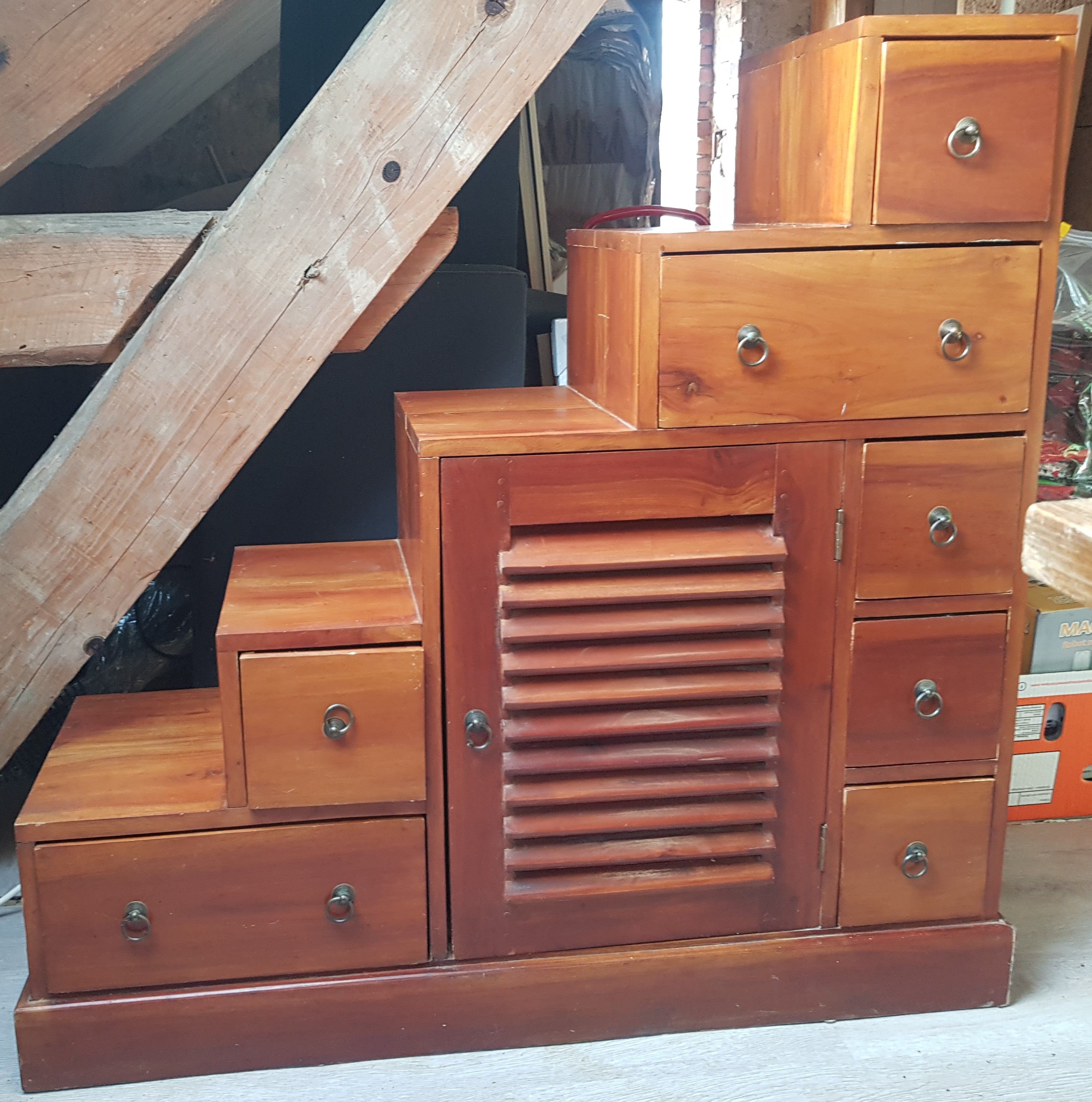 Solid exotic wood staircase cabinet - 7 Drawers and 1 door