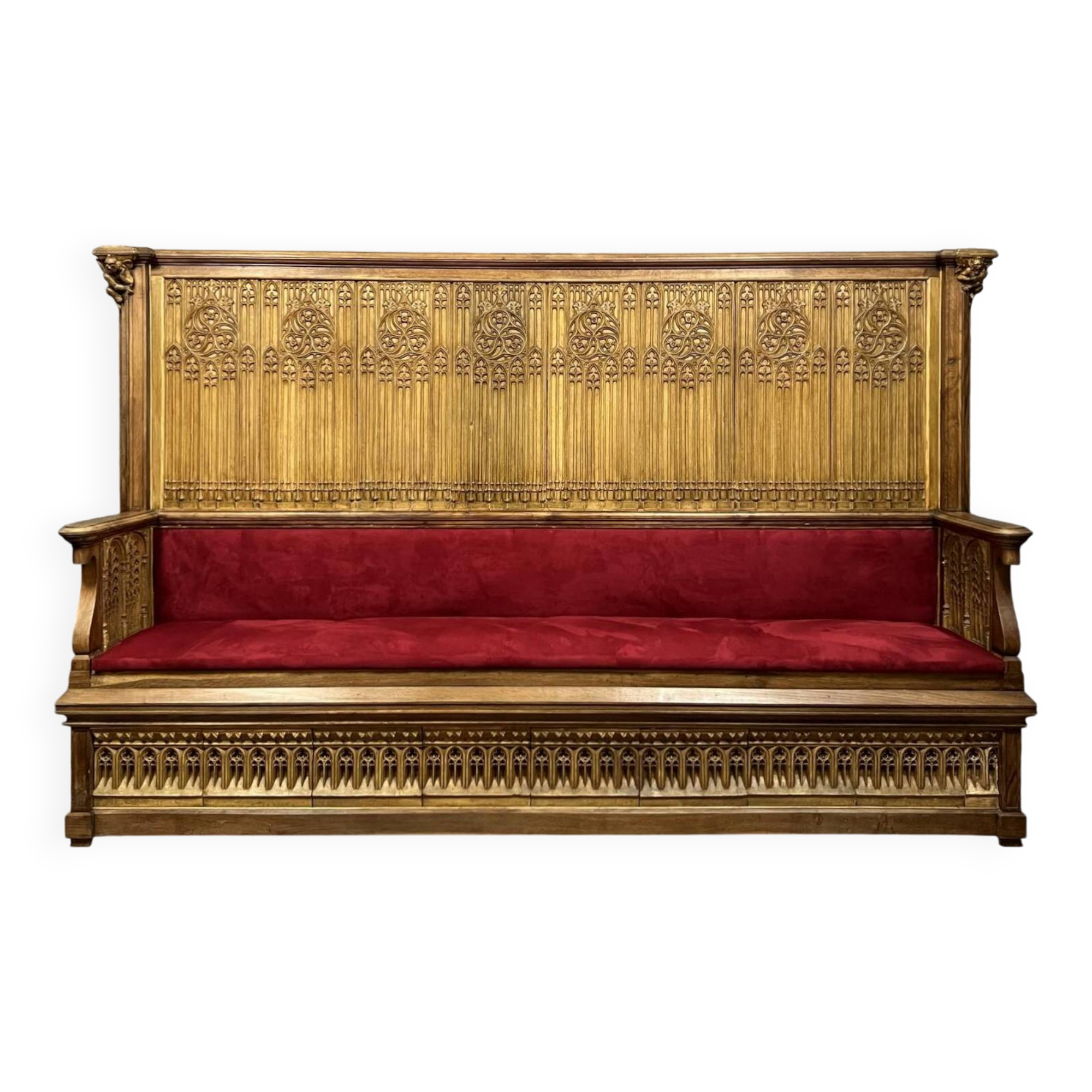 Monumental Gothic style bench in solid oak and patinated plaster circa 1800 / length 282 cm