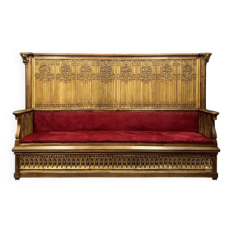 Monumental banc style Gotique en chêne massif et plâtre patiné vers 1800 / long 282 cm