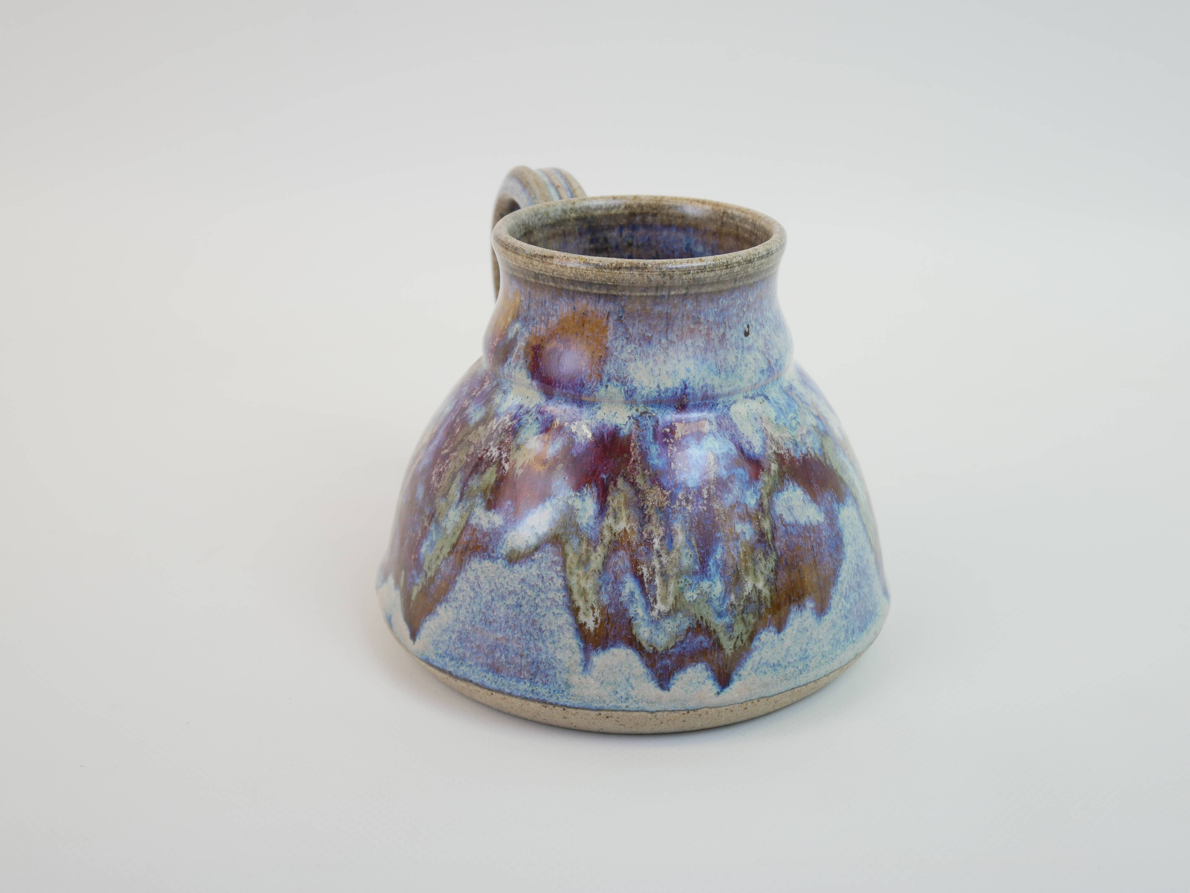signed blue purple enamel ceramic pitcher