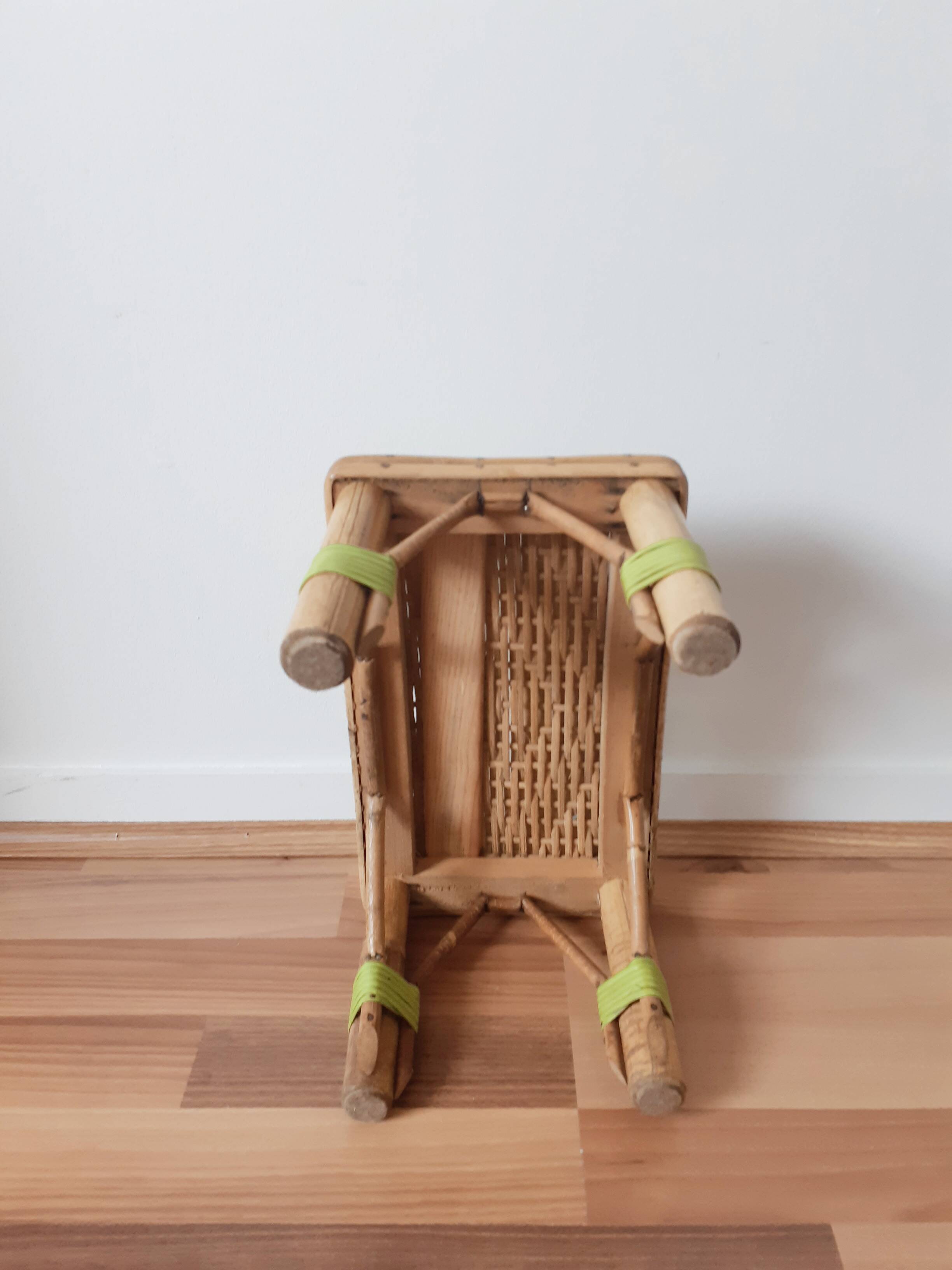 Bench, low wooden and rattan stool, plant holder