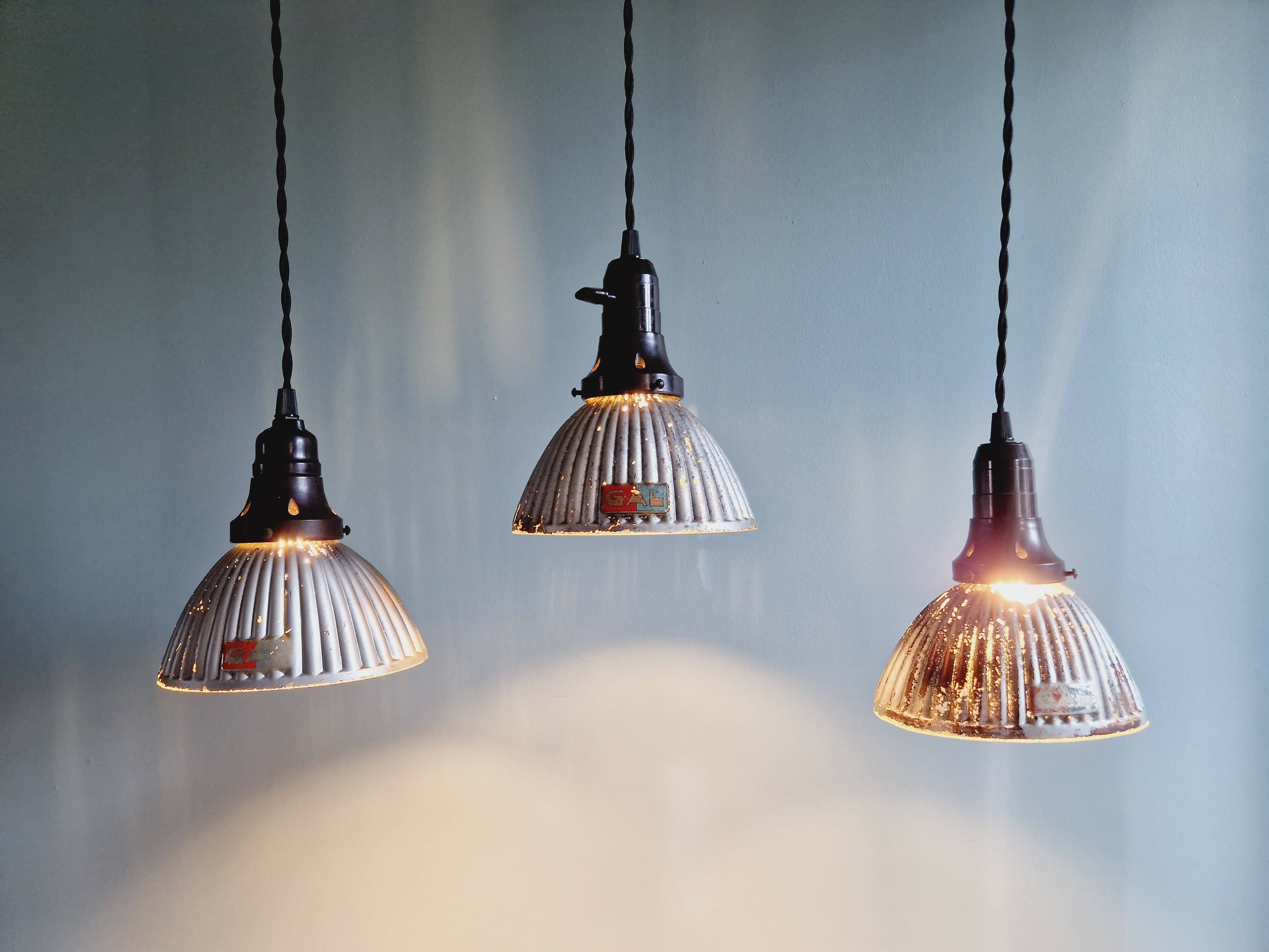 Set of 3 industrial mercury glass pendant lights, GAL (France), 1930s