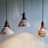 Set of 3 industrial mercury glass pendant lights, GAL (France), 1930s