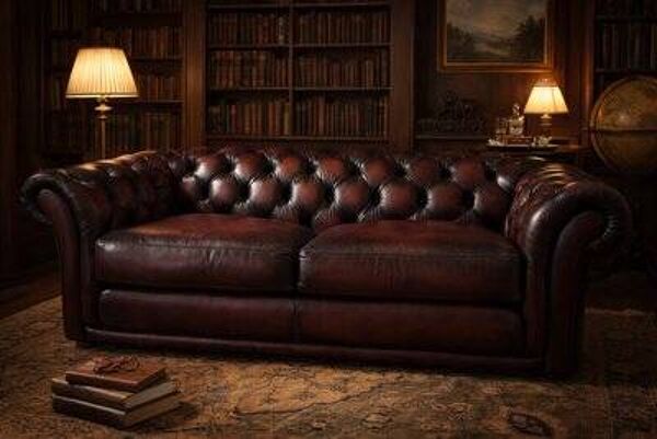 Canapé Chesterfield anglais en cuir marron capitonné