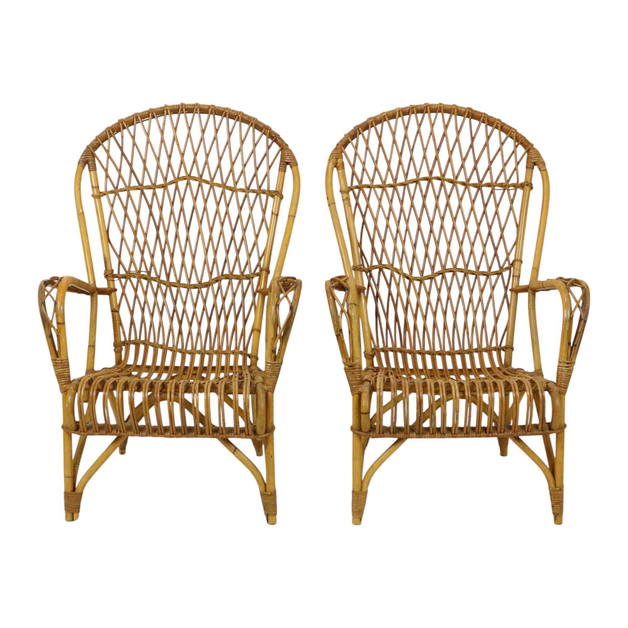 Vintage Set Rattan Chairs Armchairs Table Boho Design Sixties