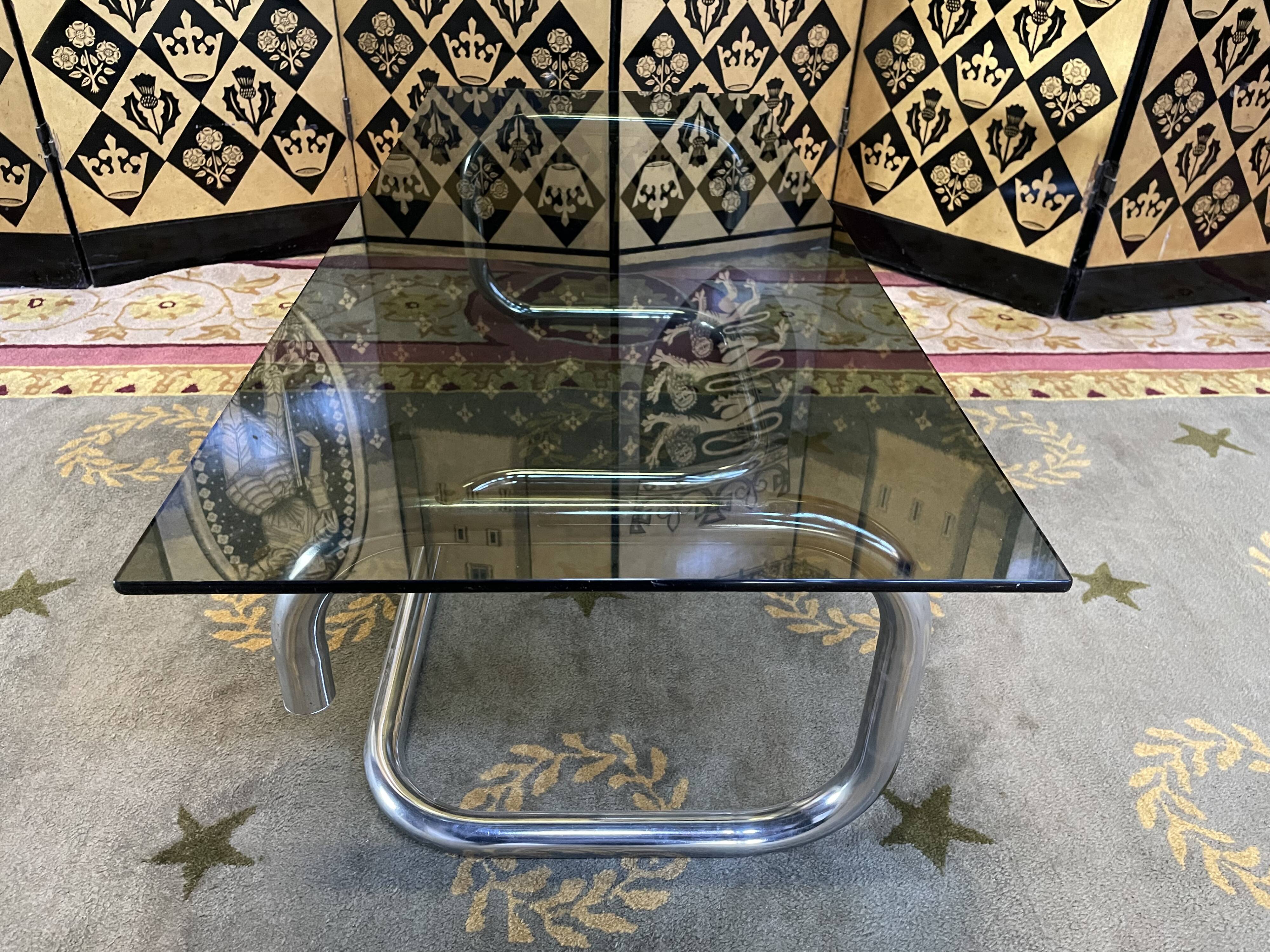 1970 chrome and smoked glass coffee table