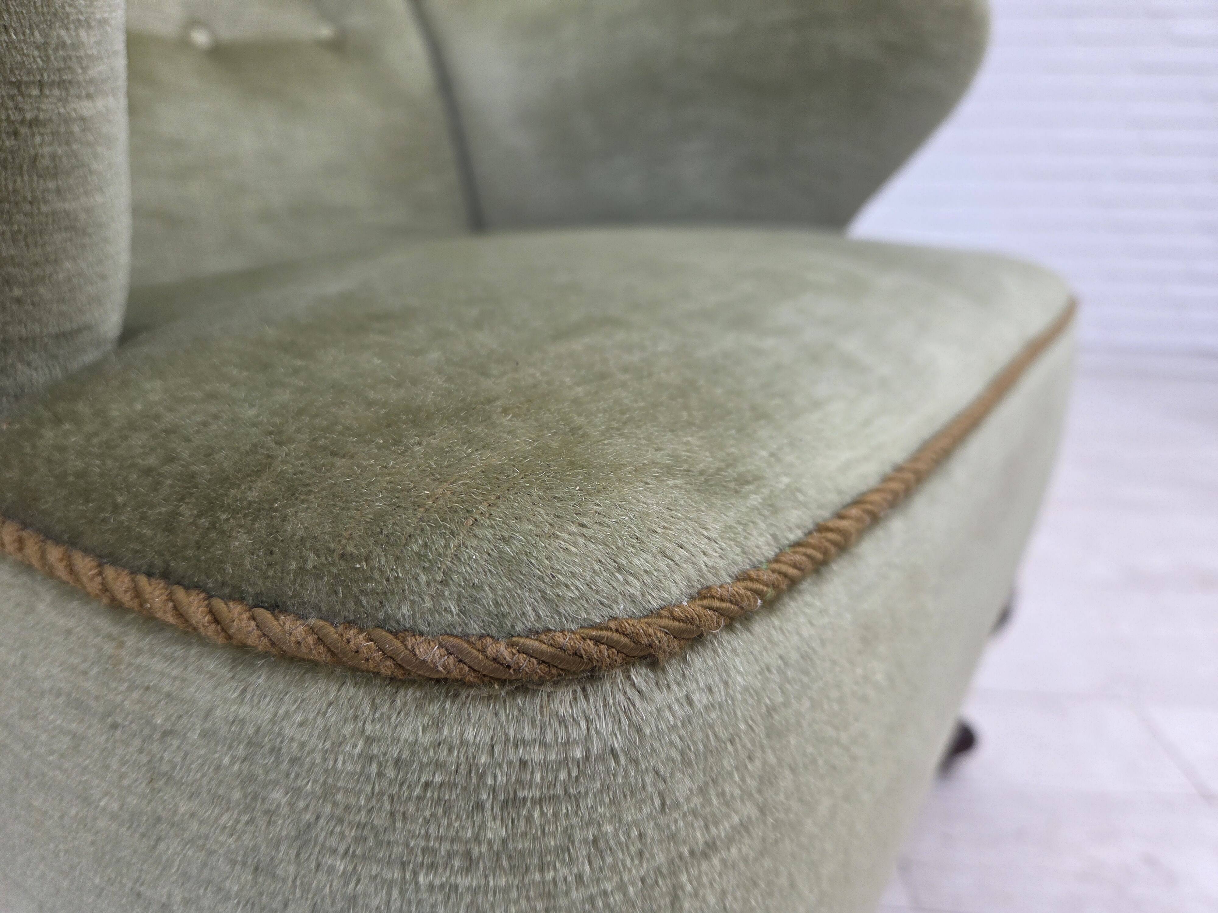 1960s, Scandinavian armchair, green furniture velour, oak wood legs.