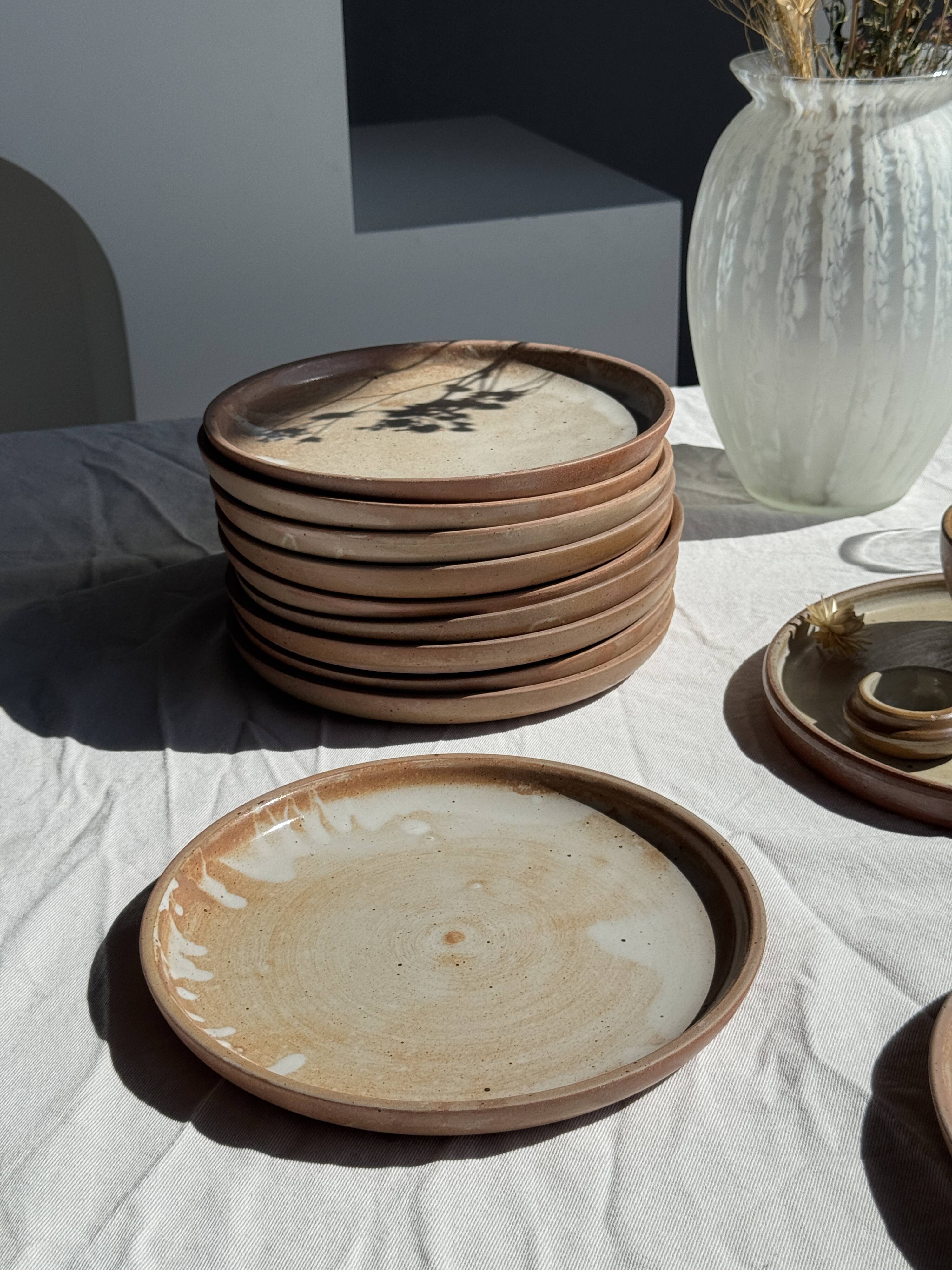 Lot de 11 assiettes en grès beige épais vintage D22,5