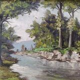 OIL ON PANEL 20th CENTURY: LANDSCAPE river and forest, signed H.L or S.L., frame