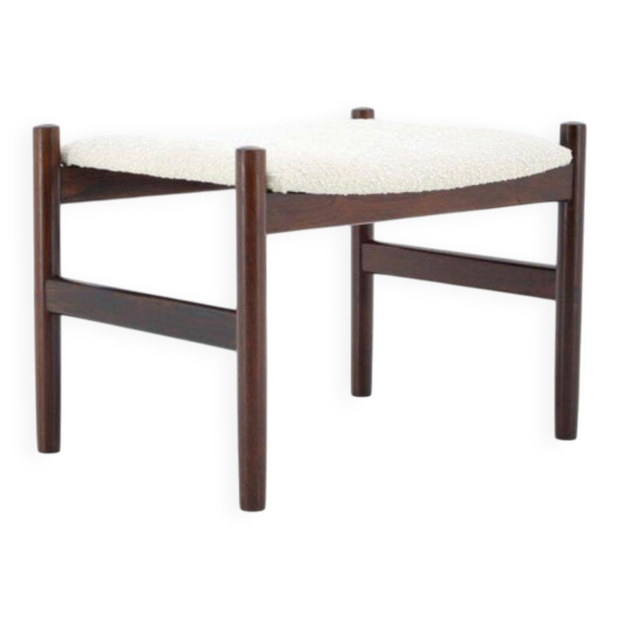 1960s Mid-Century Danish Modern Refurbished Wood Stool in White Bouclé