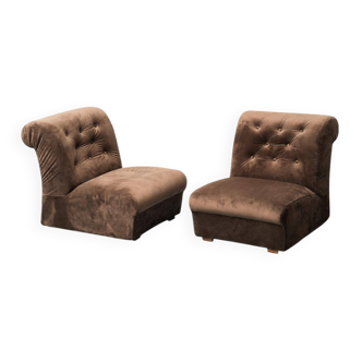 Pair of brown velvet armchairs from the 1970s vintage modernism
